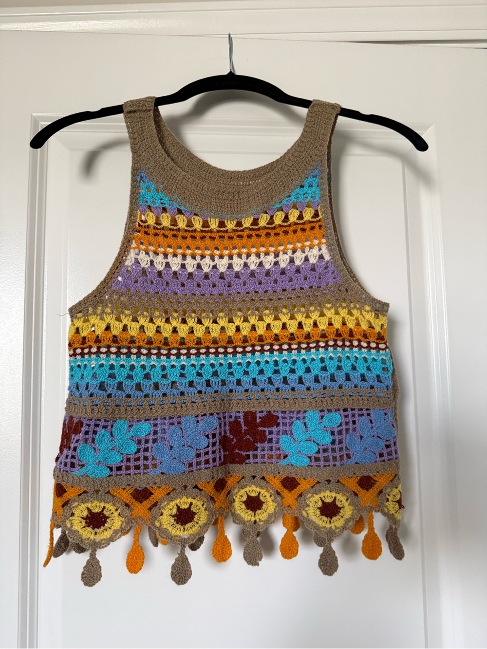 Boho Crochet Multicolor Crop Tank Top - Brown Base